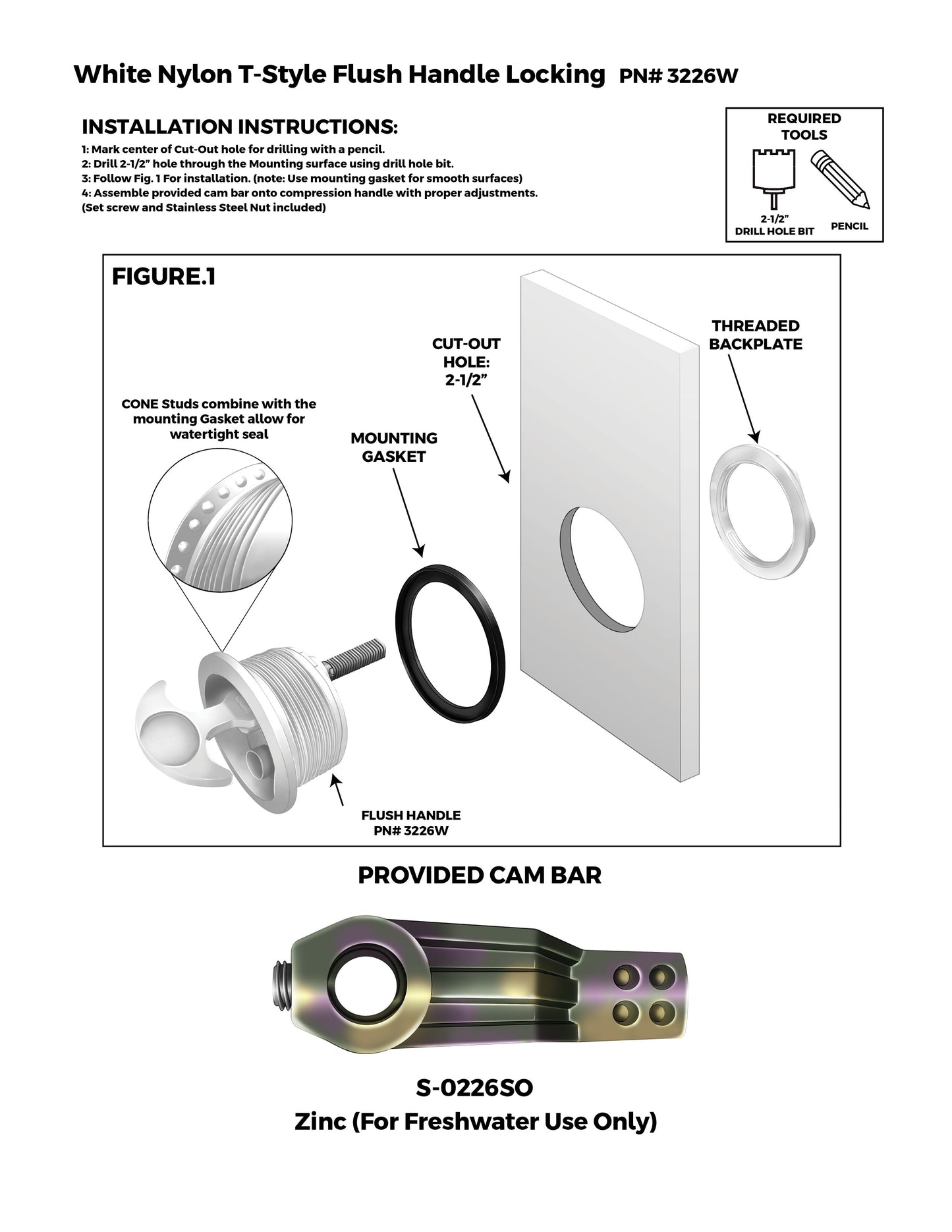 Locking White Nylon T-Style Non-Compression Handle