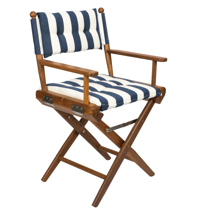 Oiled Finish Director's Chair with Navy/White Padded Cushions