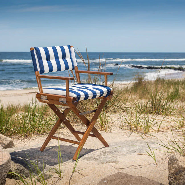 Oiled Finish Director's Chair with Navy/White Padded Cushions